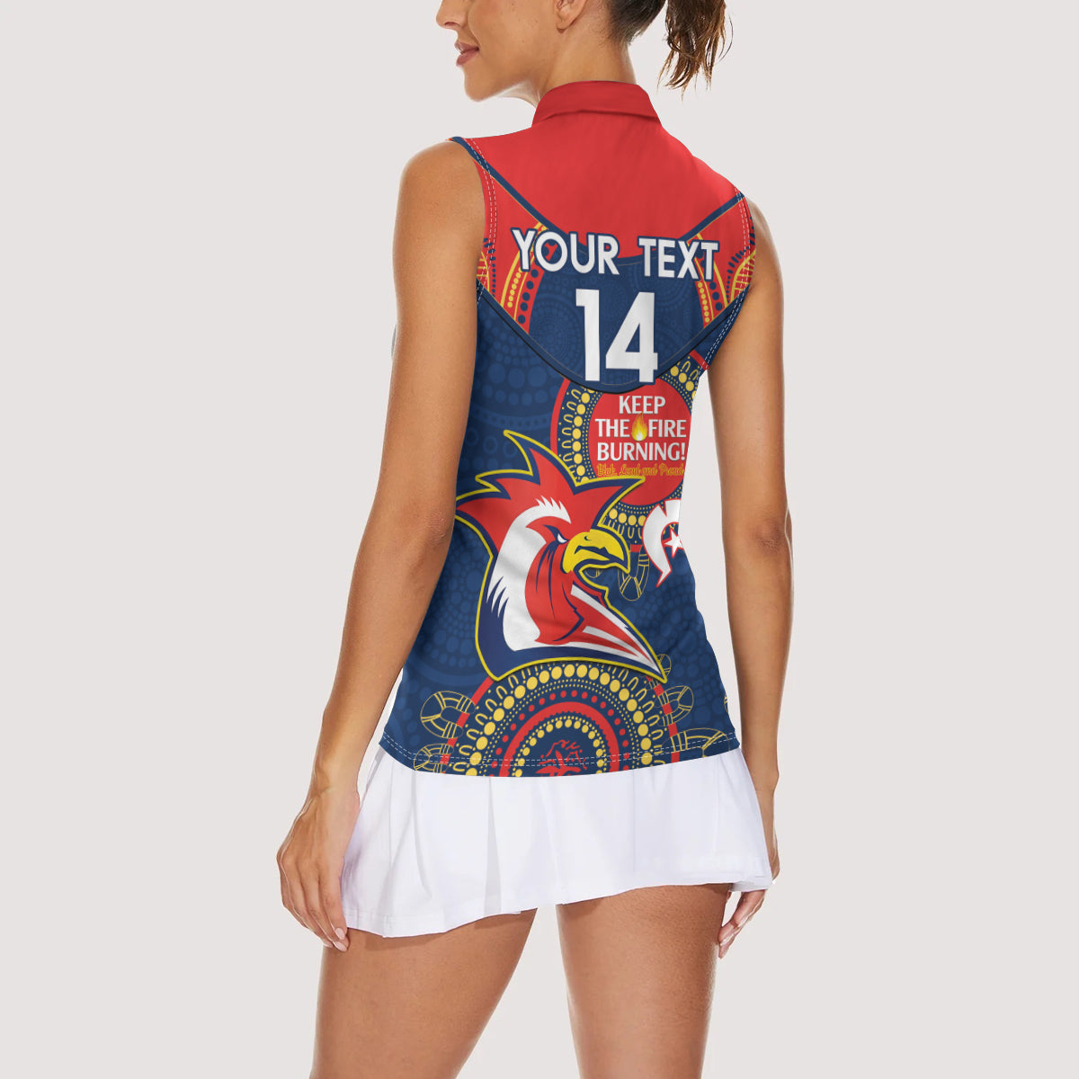 Custom NRL Roosters NAIDOC Week Women Sleeveless Polo Shirt Keep The Fire Burning Indigenous Art