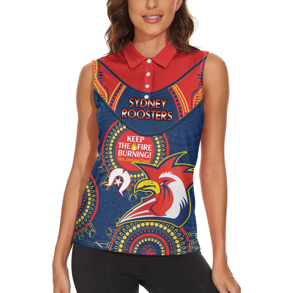 Custom NRL Roosters NAIDOC Week Women Sleeveless Polo Shirt Keep The Fire Burning Indigenous Art