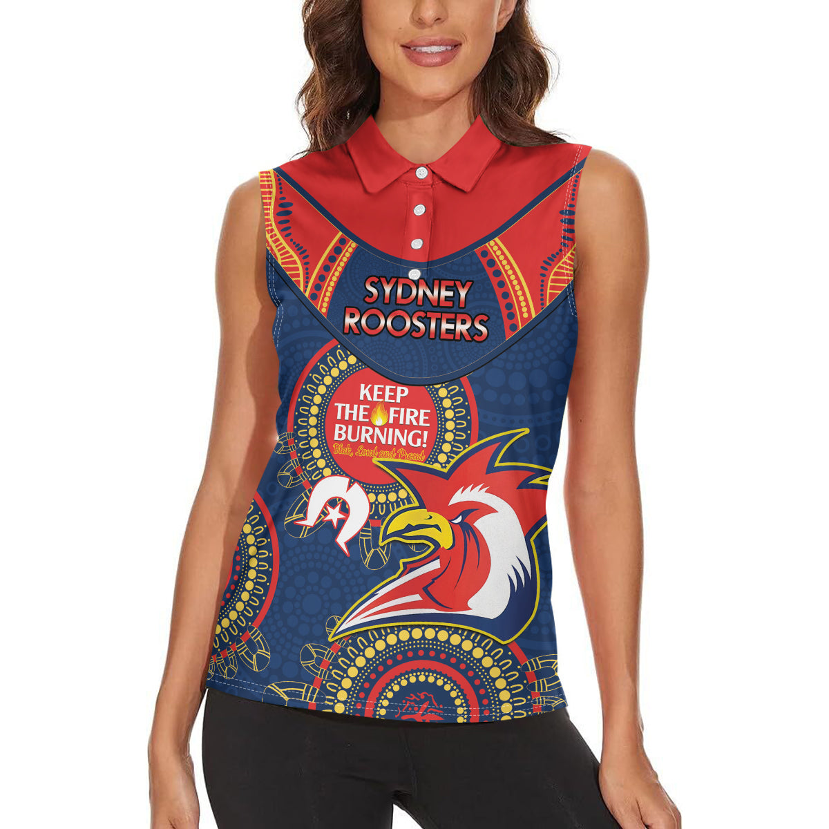 Custom NRL Roosters NAIDOC Week Women Sleeveless Polo Shirt Keep The Fire Burning Indigenous Art