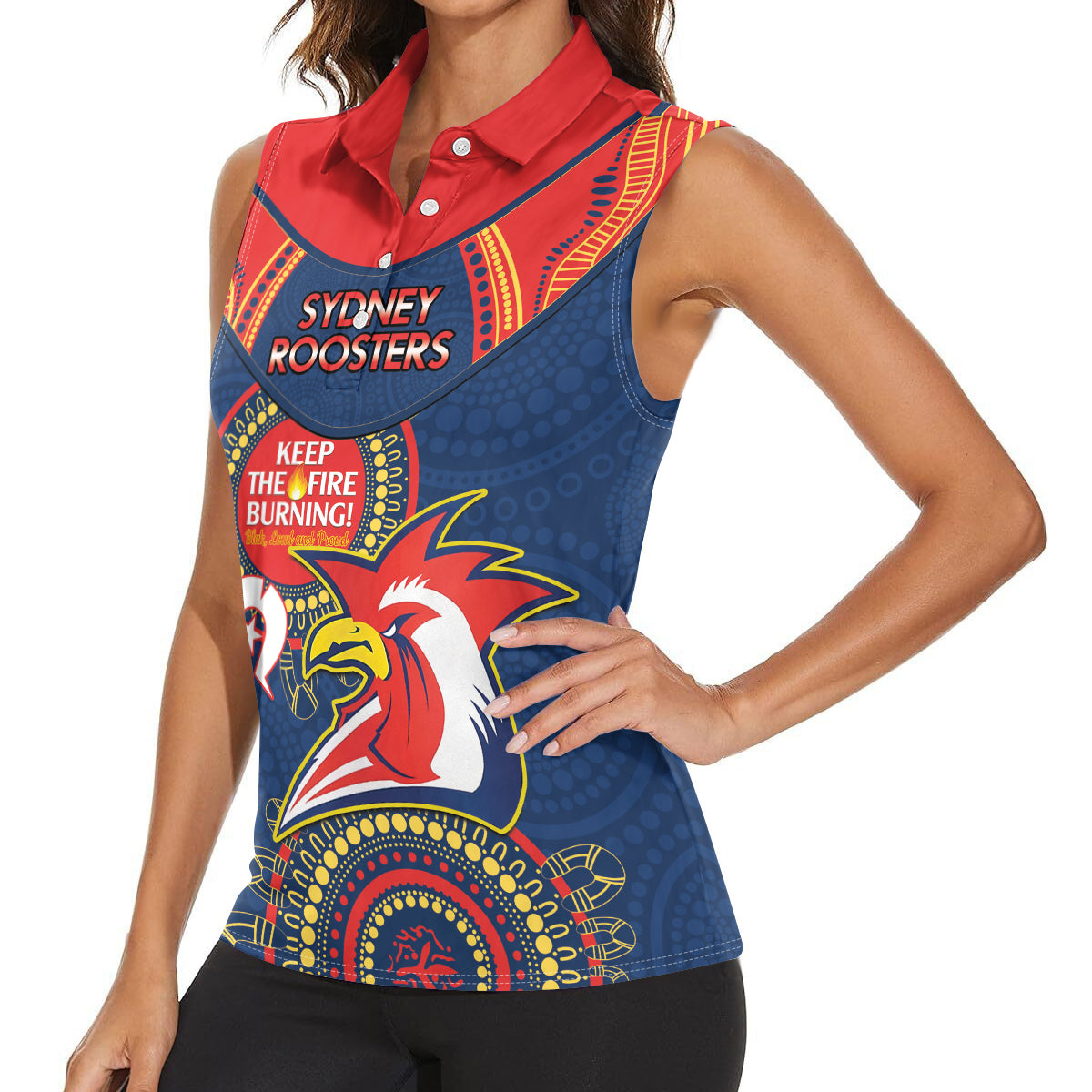 Custom NRL Roosters NAIDOC Week Women Sleeveless Polo Shirt Keep The Fire Burning Indigenous Art