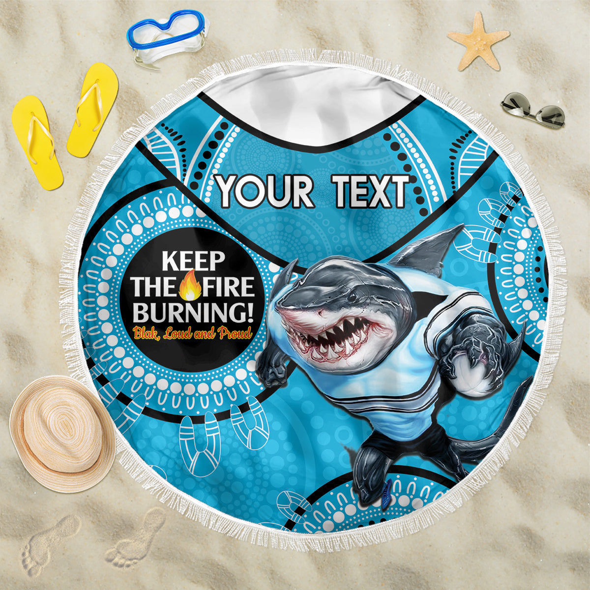 Custom NRL Sharks NAIDOC Week Beach Blanket Keep The Fire Burning Indigenous Art