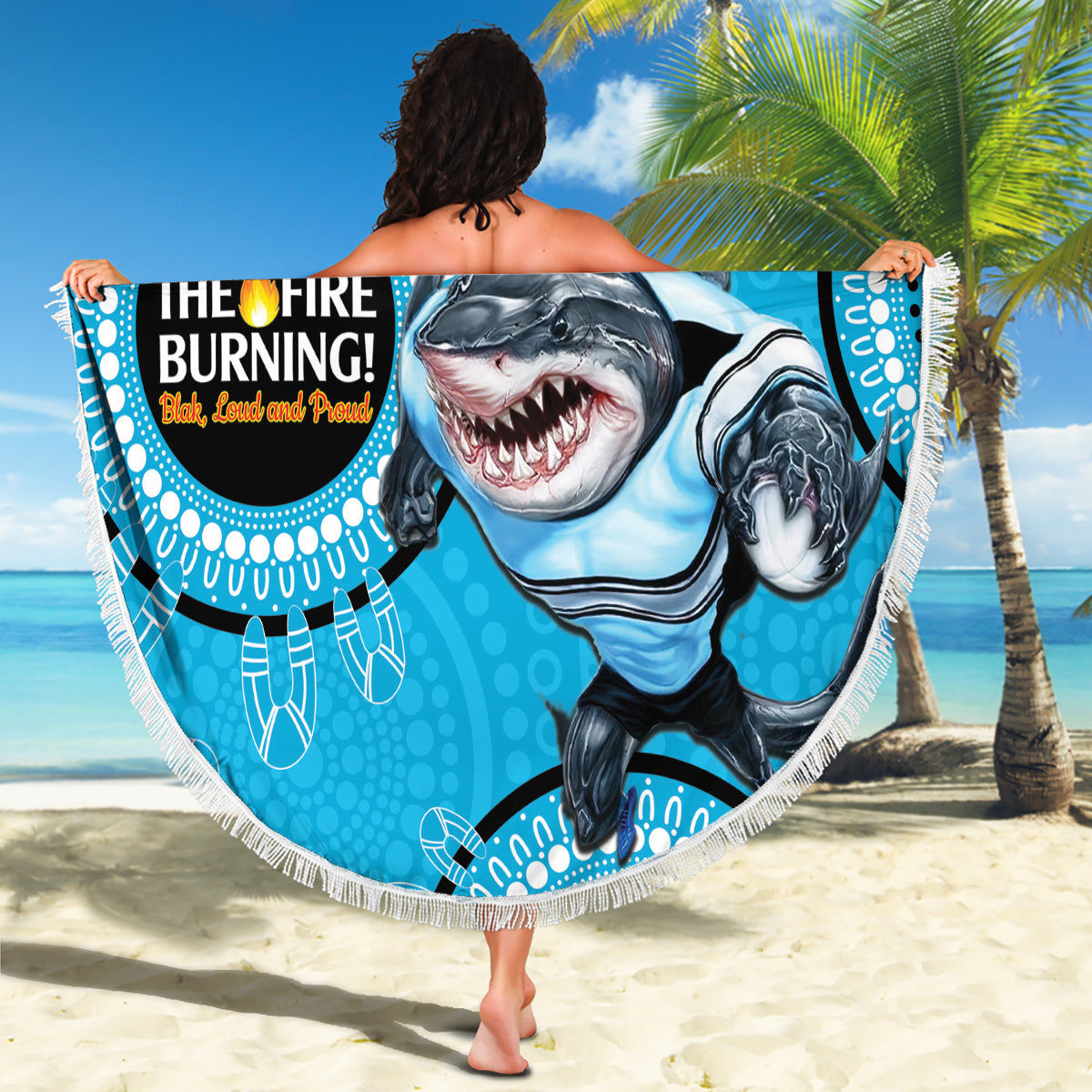 Custom NRL Sharks NAIDOC Week Beach Blanket Keep The Fire Burning Indigenous Art