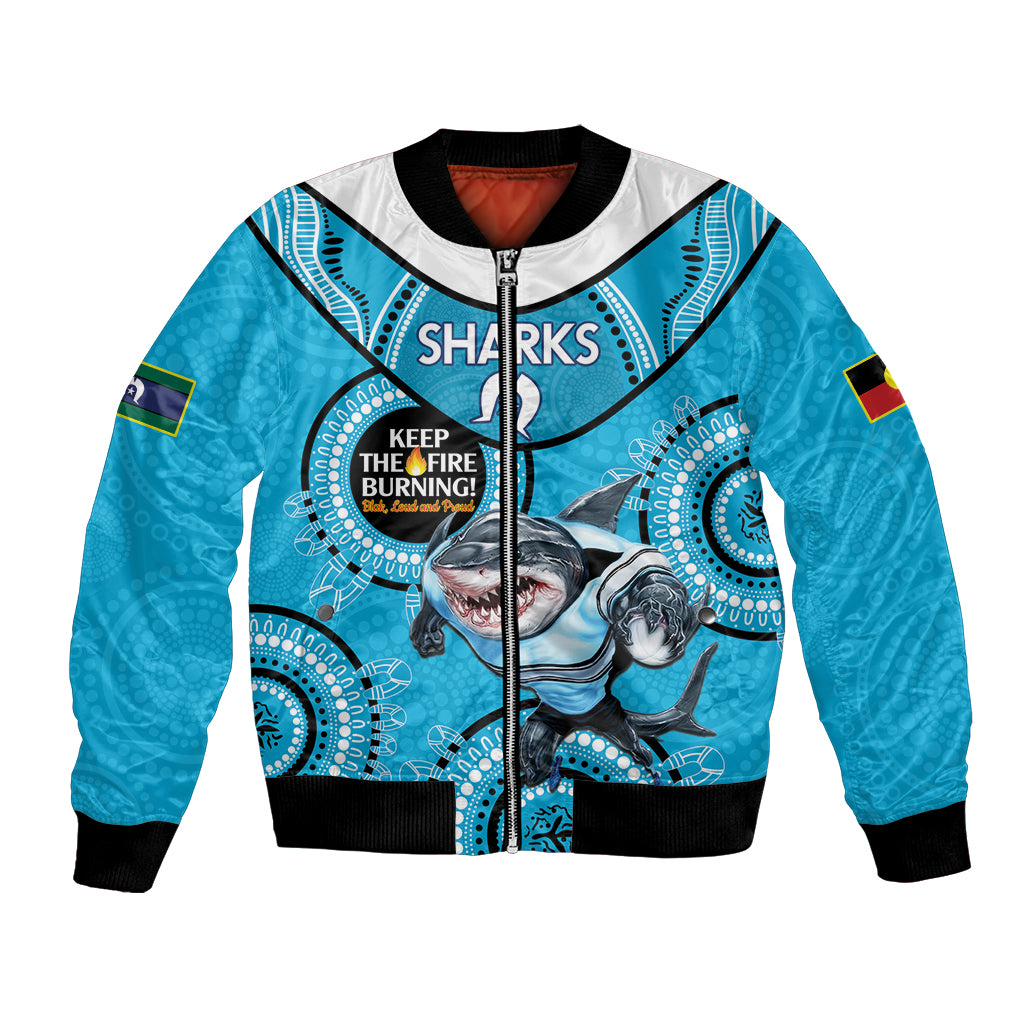 Custom NRL Sharks NAIDOC Week Bomber Jacket Keep The Fire Burning Indigenous Art