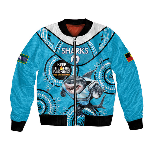 Custom NRL Sharks NAIDOC Week Bomber Jacket Keep The Fire Burning Indigenous Art