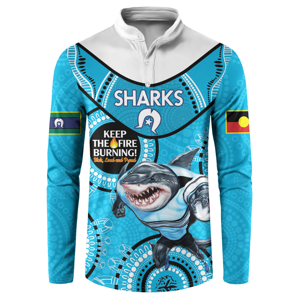 Custom NRL Sharks NAIDOC Week Button Sweatshirt Keep The Fire Burning Indigenous Art