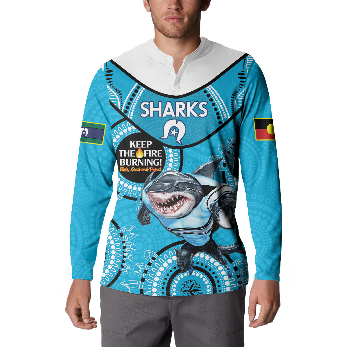 Custom NRL Sharks NAIDOC Week Button Sweatshirt Keep The Fire Burning Indigenous Art