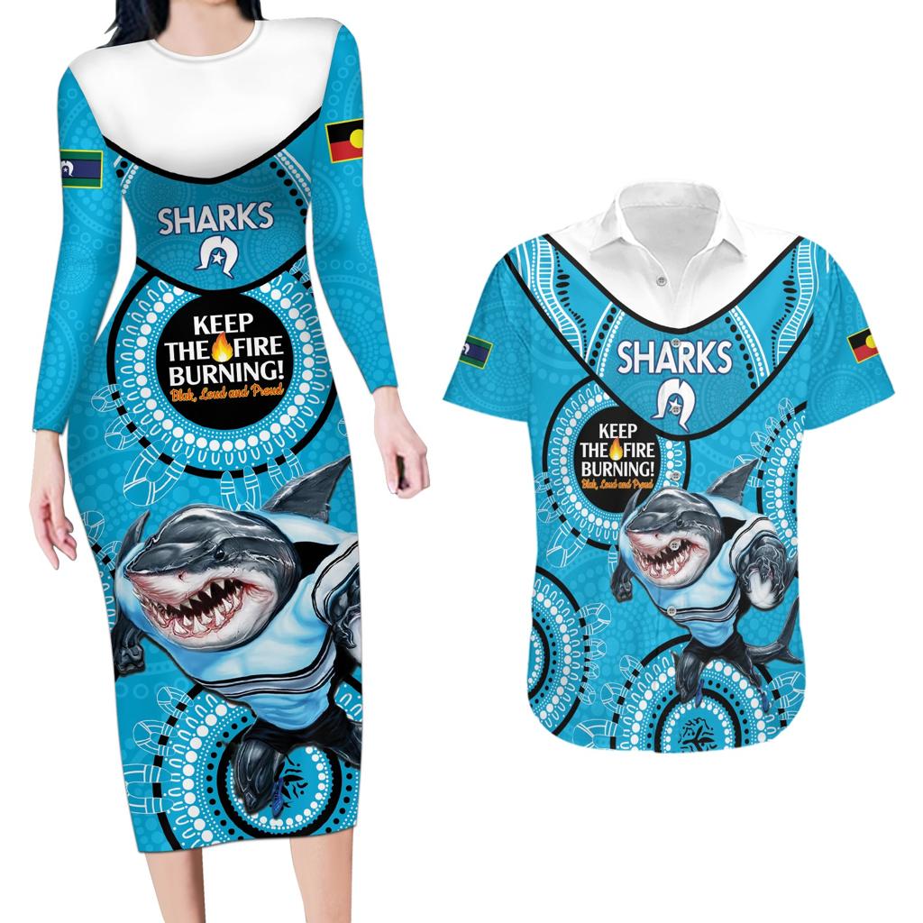 Custom NRL Sharks NAIDOC Week Couples Matching Long Sleeve Bodycon Dress and Hawaiian Shirt Keep The Fire Burning Indigenous Art