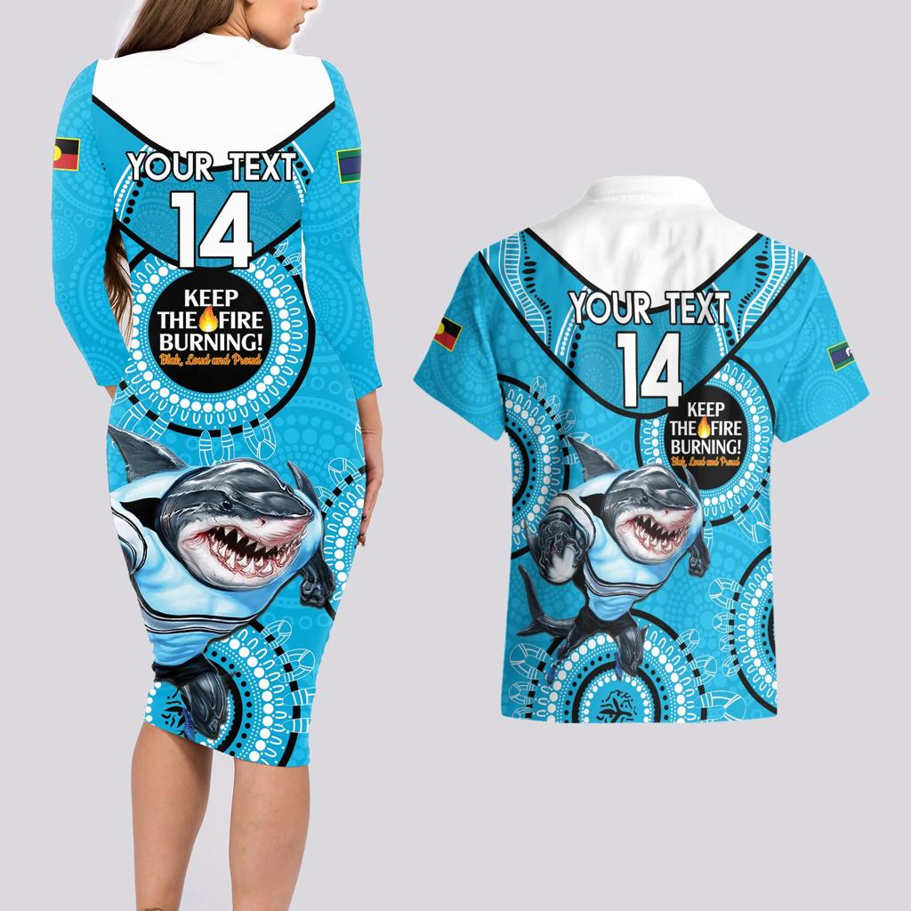 Custom NRL Sharks NAIDOC Week Couples Matching Long Sleeve Bodycon Dress and Hawaiian Shirt Keep The Fire Burning Indigenous Art