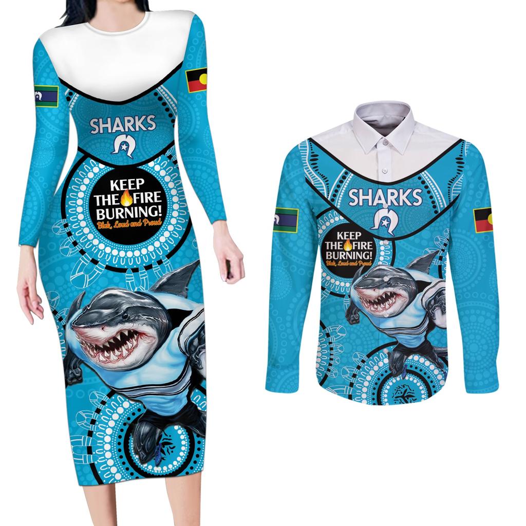Custom NRL Sharks NAIDOC Week Couples Matching Long Sleeve Bodycon Dress and Long Sleeve Button Shirt Keep The Fire Burning Indigenous Art