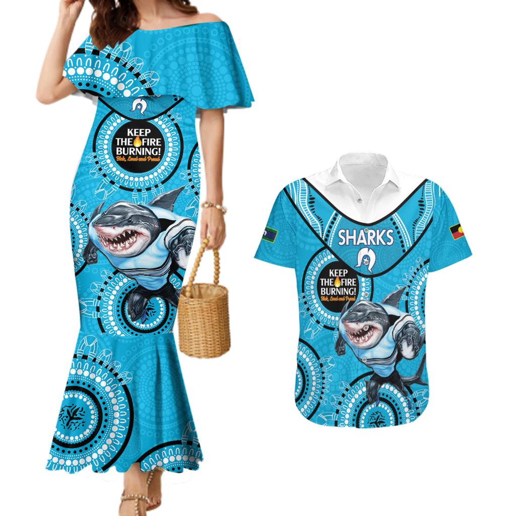 Custom NRL Sharks NAIDOC Week Couples Matching Mermaid Dress and Hawaiian Shirt Keep The Fire Burning Indigenous Art