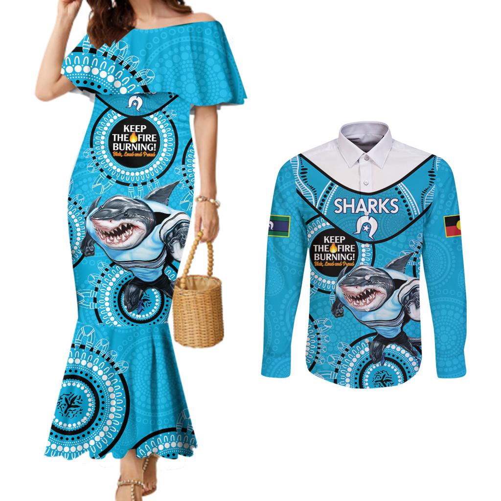 Custom NRL Sharks NAIDOC Week Couples Matching Mermaid Dress and Long Sleeve Button Shirt Keep The Fire Burning Indigenous Art