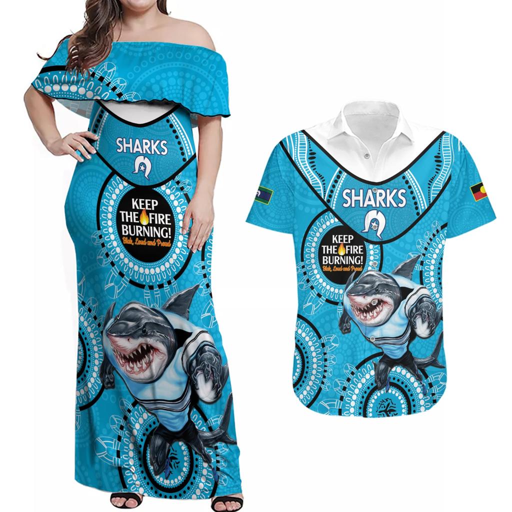 Custom NRL Sharks NAIDOC Week Couples Matching Off Shoulder Maxi Dress and Hawaiian Shirt Keep The Fire Burning Indigenous Art