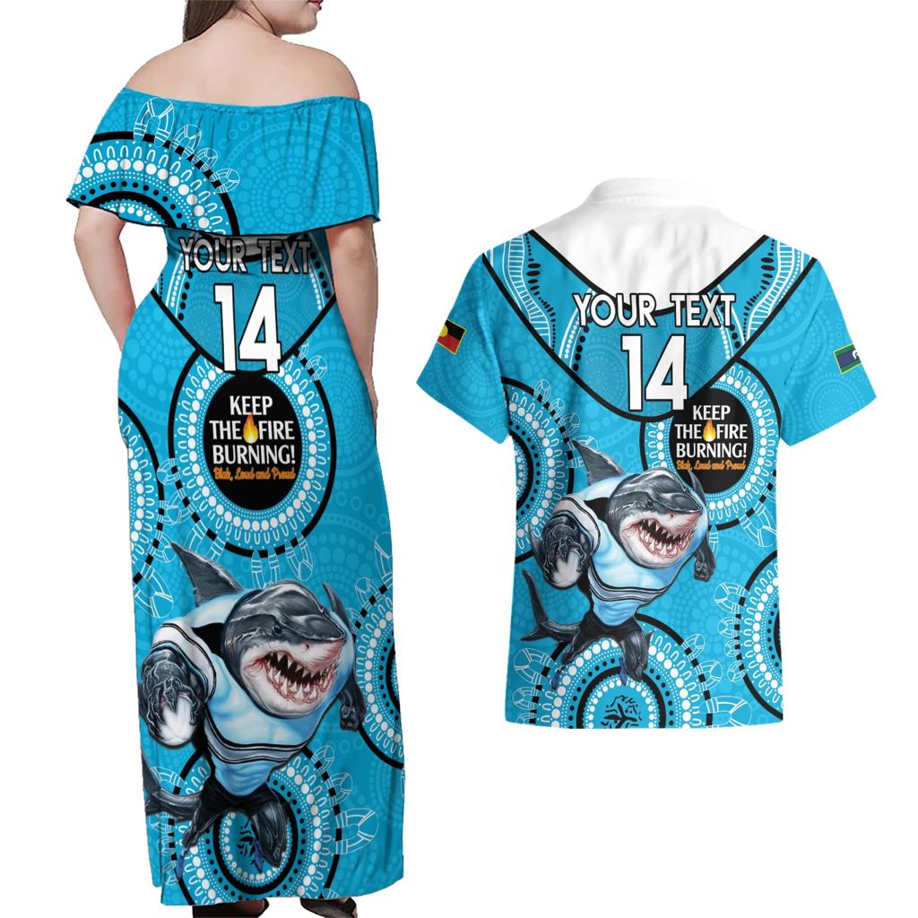 Custom NRL Sharks NAIDOC Week Couples Matching Off Shoulder Maxi Dress and Hawaiian Shirt Keep The Fire Burning Indigenous Art
