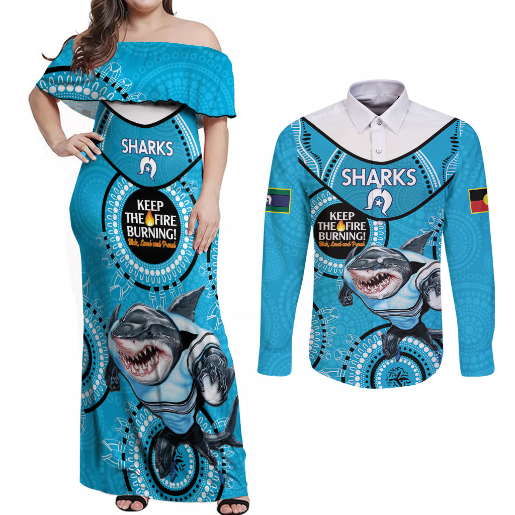 Custom NRL Sharks NAIDOC Week Couples Matching Off Shoulder Maxi Dress and Long Sleeve Button Shirt Keep The Fire Burning Indigenous Art