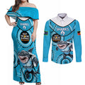 Custom NRL Sharks NAIDOC Week Couples Matching Off Shoulder Maxi Dress and Long Sleeve Button Shirt Keep The Fire Burning Indigenous Art