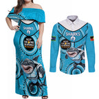 Custom NRL Sharks NAIDOC Week Couples Matching Off Shoulder Maxi Dress and Long Sleeve Button Shirt Keep The Fire Burning Indigenous Art