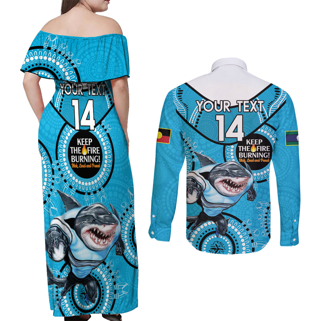Custom NRL Sharks NAIDOC Week Couples Matching Off Shoulder Maxi Dress and Long Sleeve Button Shirt Keep The Fire Burning Indigenous Art