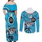 Custom NRL Sharks NAIDOC Week Couples Matching Off Shoulder Maxi Dress and Long Sleeve Button Shirt Keep The Fire Burning Indigenous Art