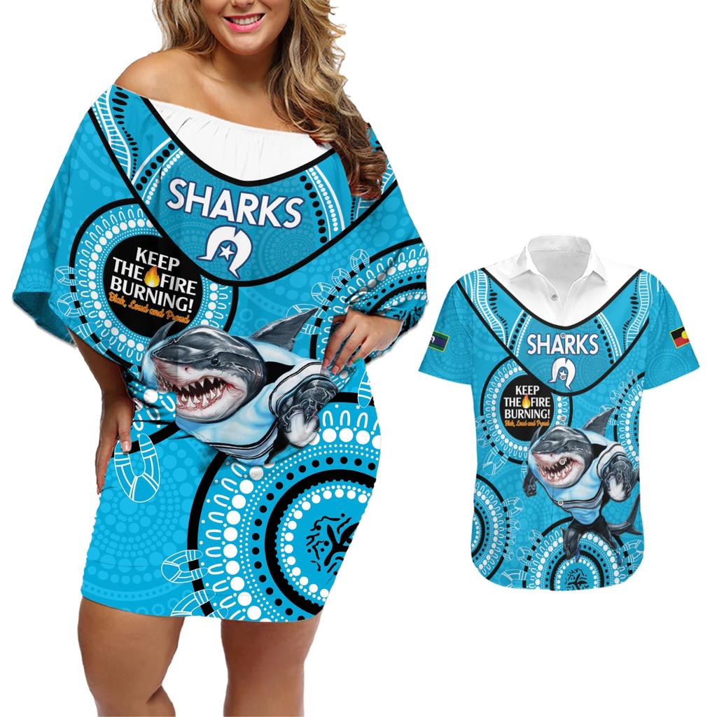 Custom NRL Sharks NAIDOC Week Couples Matching Off Shoulder Short Dress and Hawaiian Shirt Keep The Fire Burning Indigenous Art