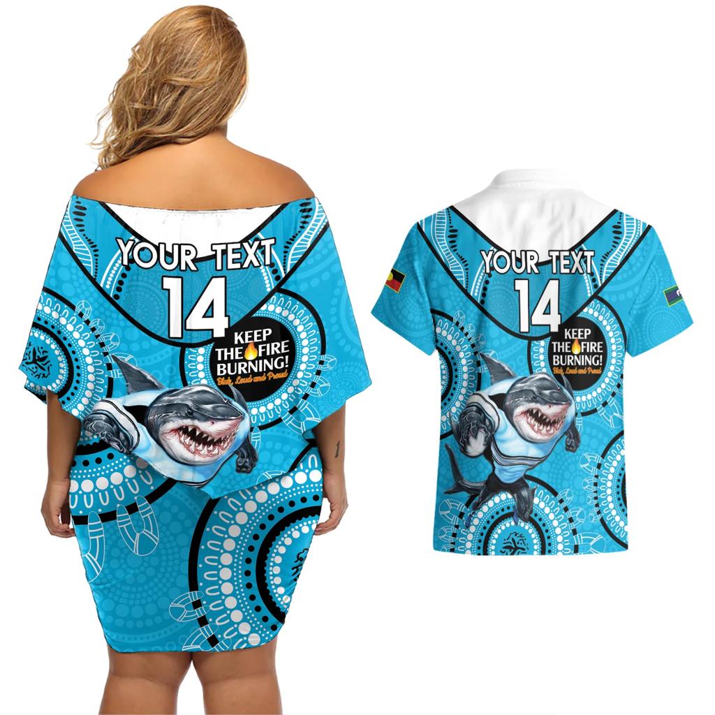 Custom NRL Sharks NAIDOC Week Couples Matching Off Shoulder Short Dress and Hawaiian Shirt Keep The Fire Burning Indigenous Art