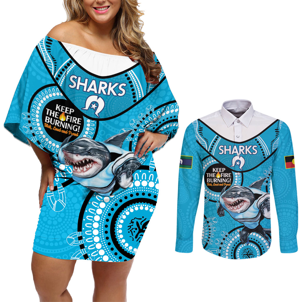 Custom NRL Sharks NAIDOC Week Couples Matching Off Shoulder Short Dress and Long Sleeve Button Shirt Keep The Fire Burning Indigenous Art