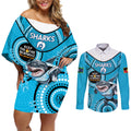 Custom NRL Sharks NAIDOC Week Couples Matching Off Shoulder Short Dress and Long Sleeve Button Shirt Keep The Fire Burning Indigenous Art