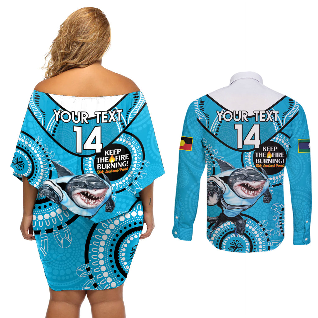 Custom NRL Sharks NAIDOC Week Couples Matching Off Shoulder Short Dress and Long Sleeve Button Shirt Keep The Fire Burning Indigenous Art