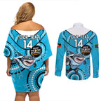 Custom NRL Sharks NAIDOC Week Couples Matching Off Shoulder Short Dress and Long Sleeve Button Shirt Keep The Fire Burning Indigenous Art