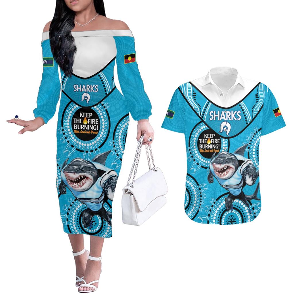 Custom NRL Sharks NAIDOC Week Couples Matching Off The Shoulder Long Sleeve Dress and Hawaiian Shirt Keep The Fire Burning Indigenous Art