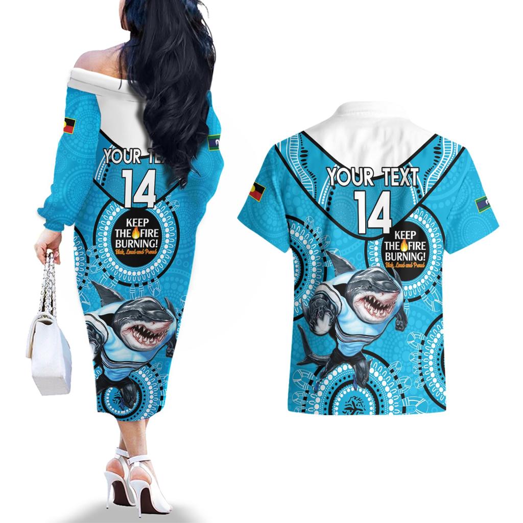Custom NRL Sharks NAIDOC Week Couples Matching Off The Shoulder Long Sleeve Dress and Hawaiian Shirt Keep The Fire Burning Indigenous Art
