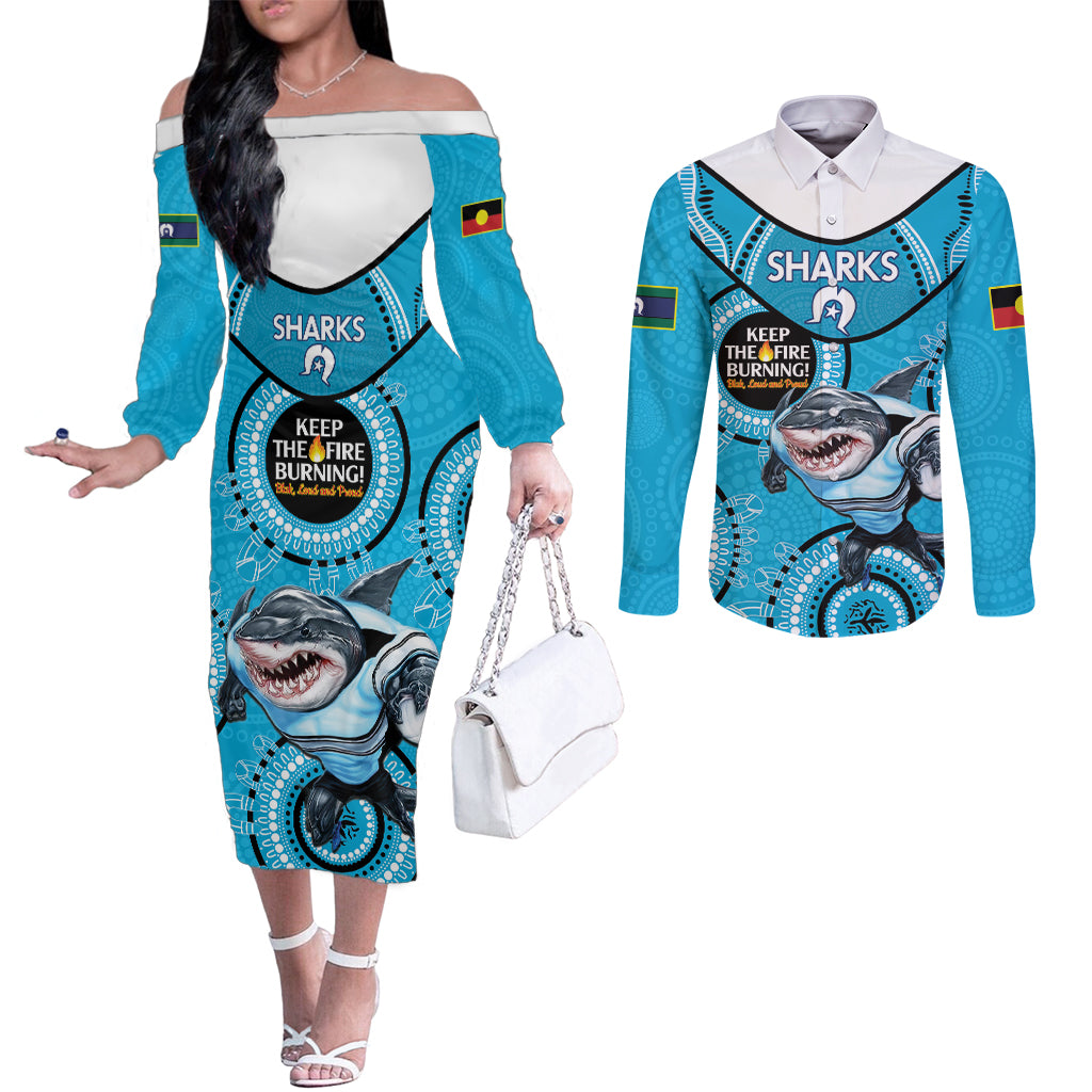 Custom NRL Sharks NAIDOC Week Couples Matching Off The Shoulder Long Sleeve Dress and Long Sleeve Button Shirt Keep The Fire Burning Indigenous Art