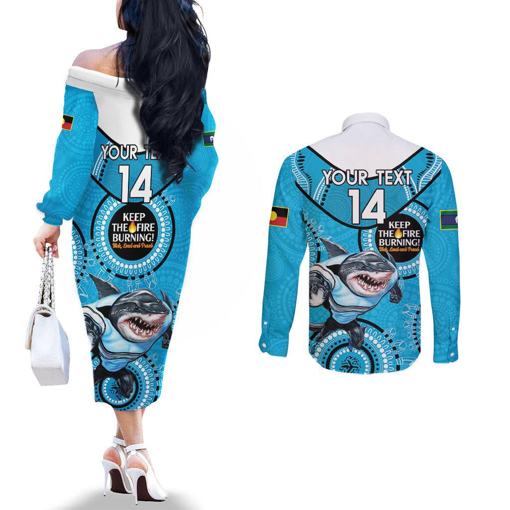 Custom NRL Sharks NAIDOC Week Couples Matching Off The Shoulder Long Sleeve Dress and Long Sleeve Button Shirt Keep The Fire Burning Indigenous Art