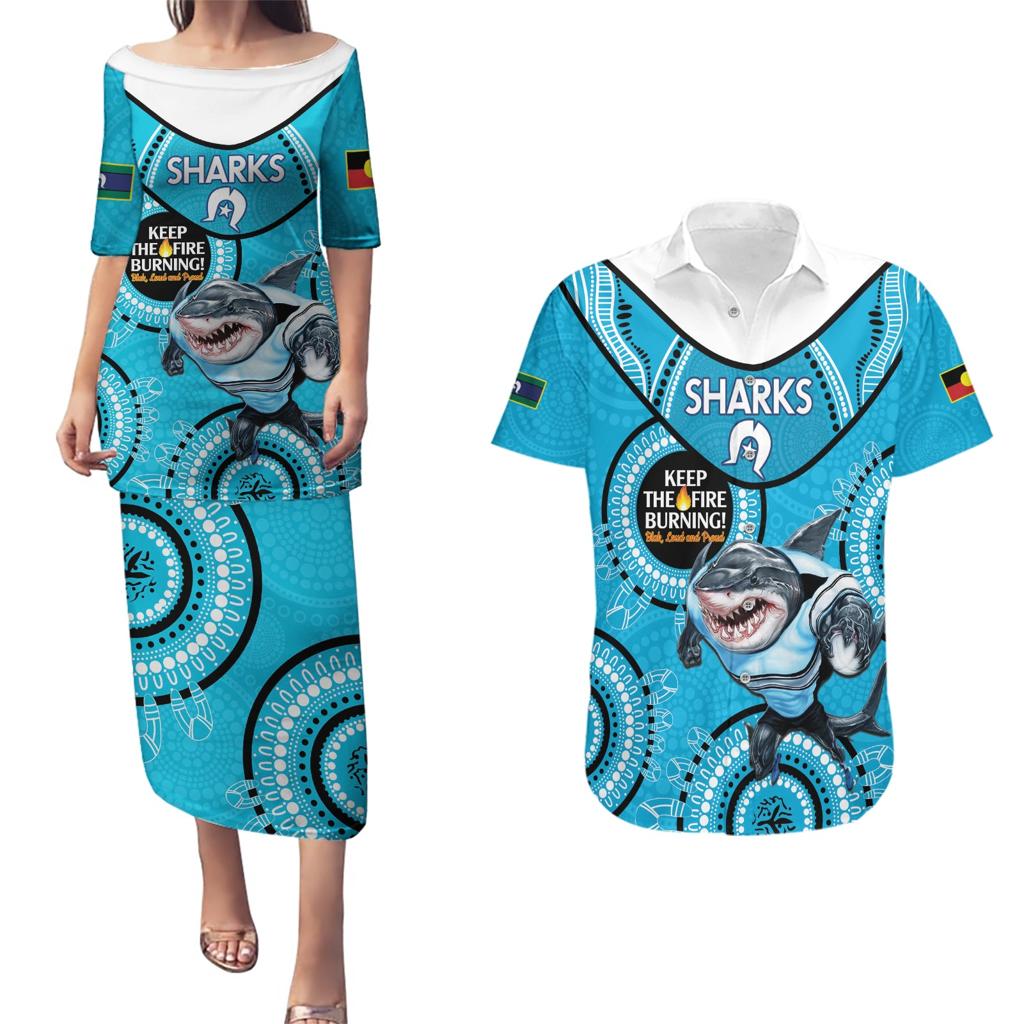 Custom NRL Sharks NAIDOC Week Couples Matching Puletasi and Hawaiian Shirt Keep The Fire Burning Indigenous Art