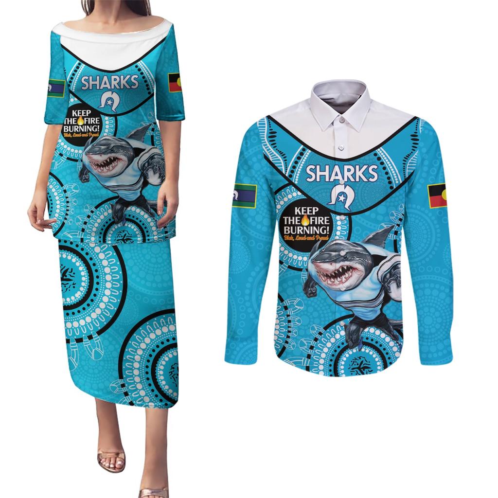 Custom NRL Sharks NAIDOC Week Couples Matching Puletasi and Long Sleeve Button Shirt Keep The Fire Burning Indigenous Art