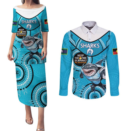 Custom NRL Sharks NAIDOC Week Couples Matching Puletasi and Long Sleeve Button Shirt Keep The Fire Burning Indigenous Art