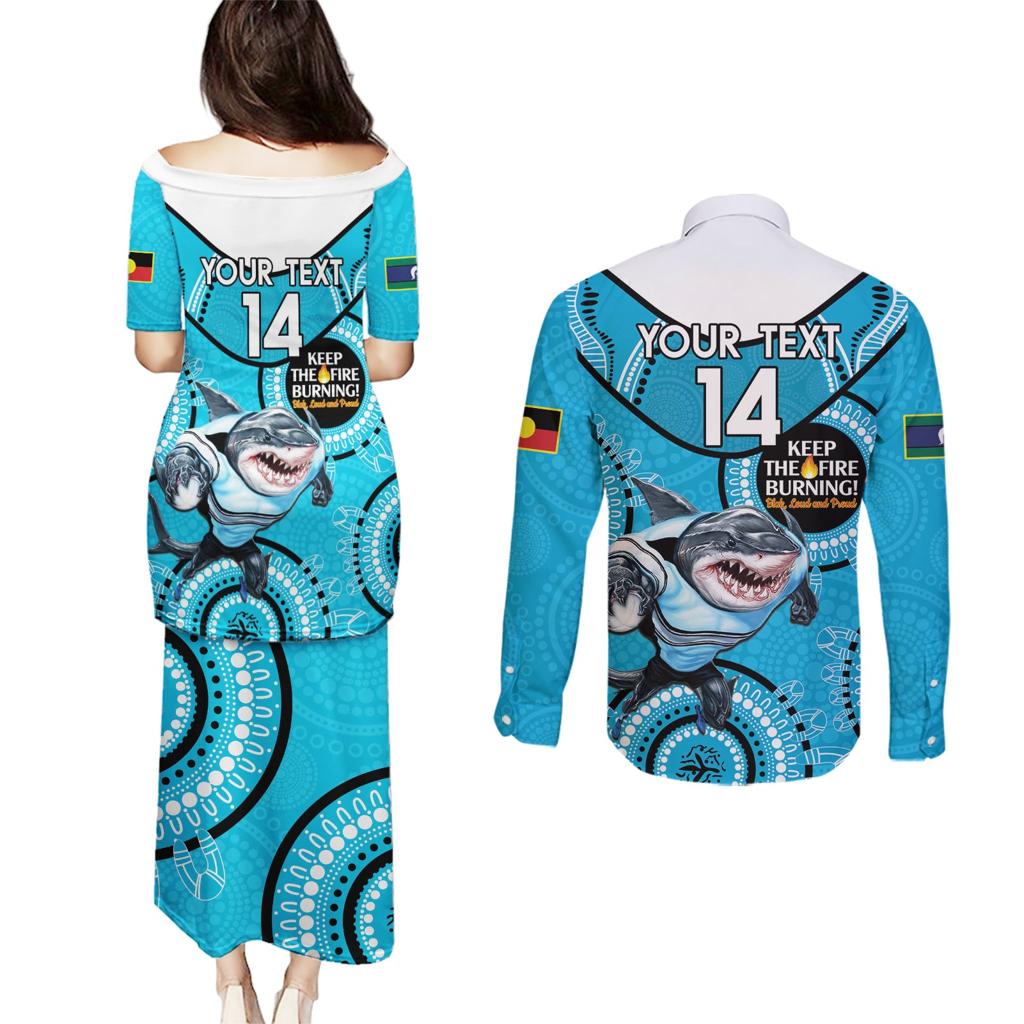 Custom NRL Sharks NAIDOC Week Couples Matching Puletasi and Long Sleeve Button Shirt Keep The Fire Burning Indigenous Art