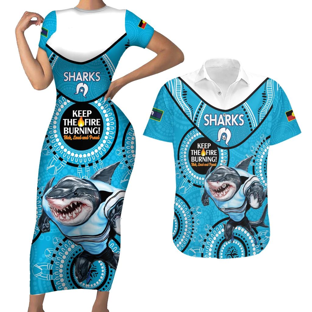 Custom NRL Sharks NAIDOC Week Couples Matching Short Sleeve Bodycon Dress and Hawaiian Shirt Keep The Fire Burning Indigenous Art
