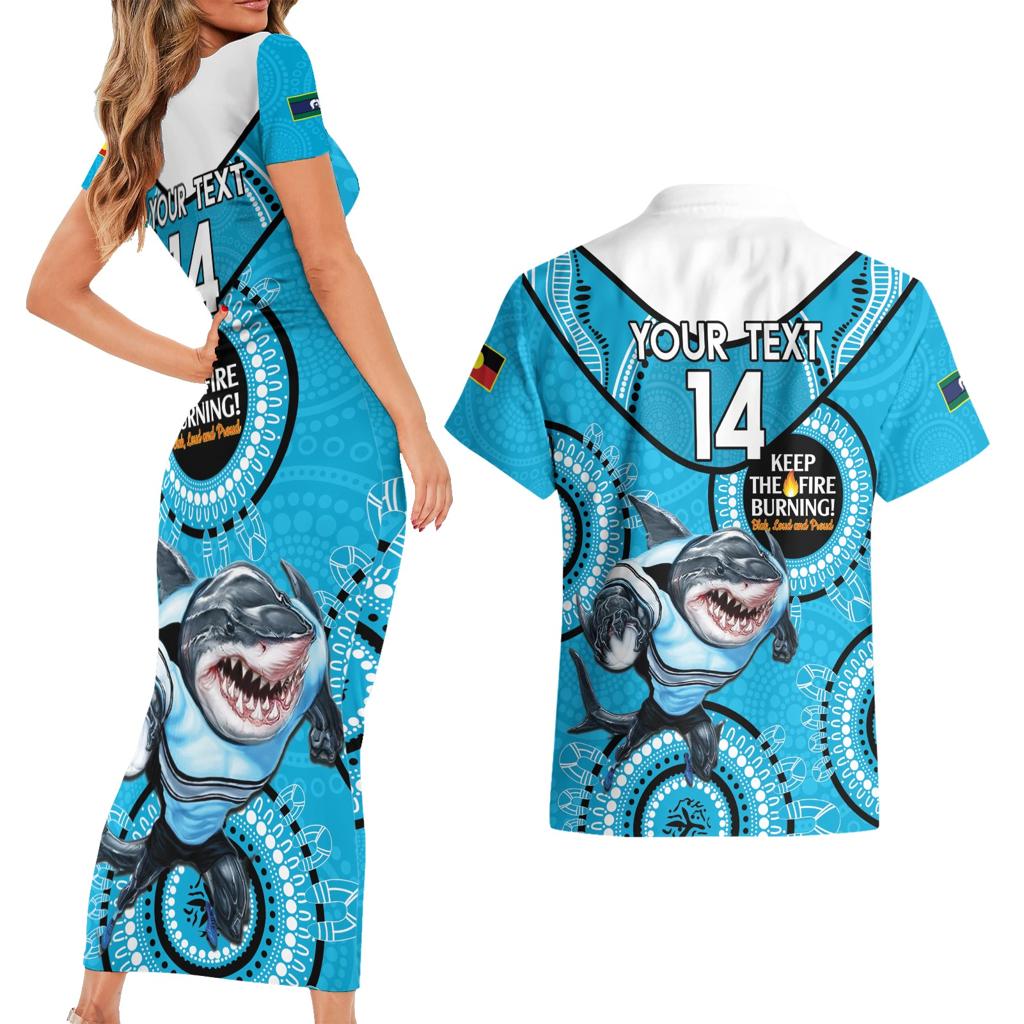 Custom NRL Sharks NAIDOC Week Couples Matching Short Sleeve Bodycon Dress and Hawaiian Shirt Keep The Fire Burning Indigenous Art