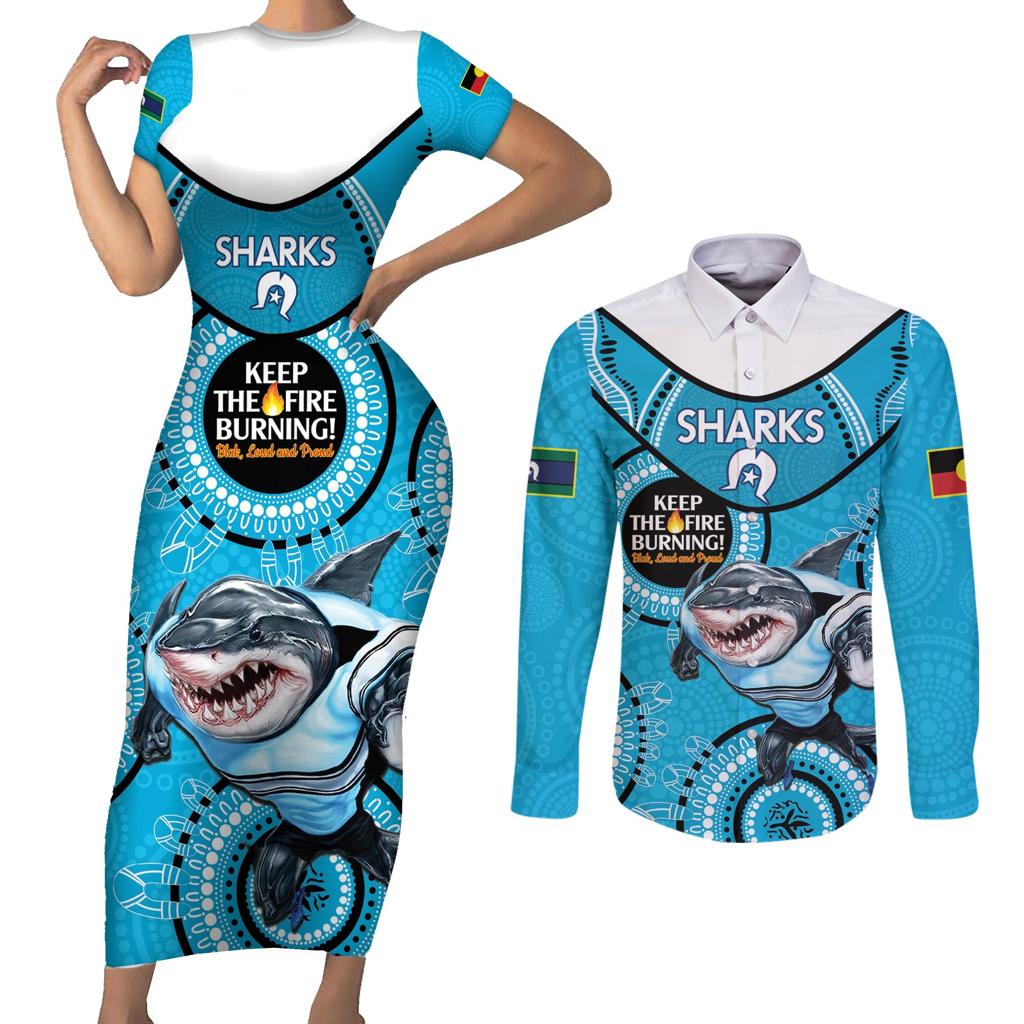 Custom NRL Sharks NAIDOC Week Couples Matching Short Sleeve Bodycon Dress and Long Sleeve Button Shirt Keep The Fire Burning Indigenous Art