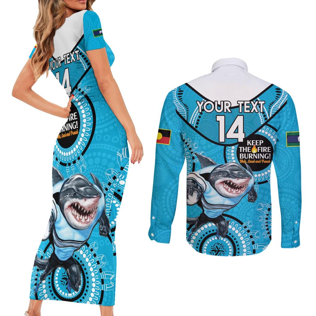 Custom NRL Sharks NAIDOC Week Couples Matching Short Sleeve Bodycon Dress and Long Sleeve Button Shirt Keep The Fire Burning Indigenous Art