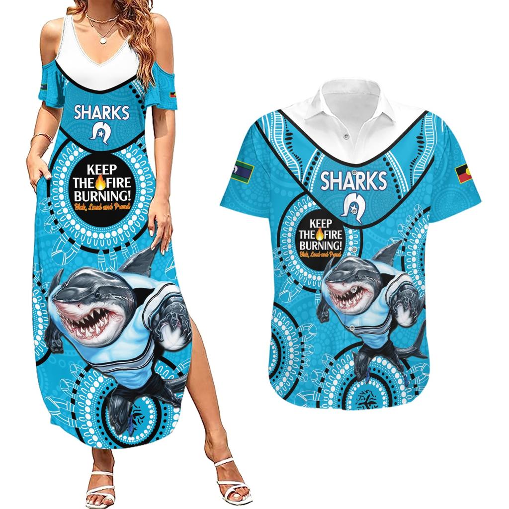 Custom NRL Sharks NAIDOC Week Couples Matching Summer Maxi Dress and Hawaiian Shirt Keep The Fire Burning Indigenous Art
