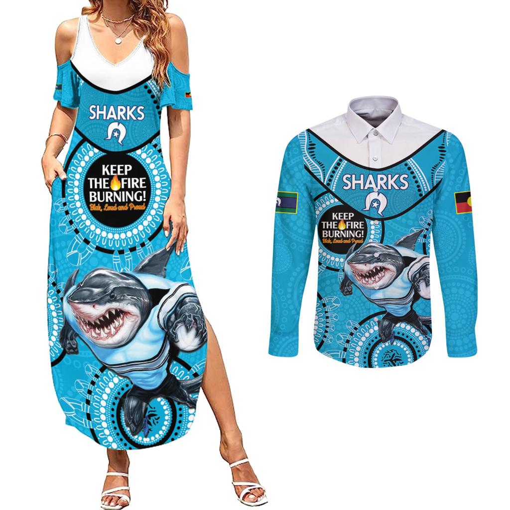 Custom NRL Sharks NAIDOC Week Couples Matching Summer Maxi Dress and Long Sleeve Button Shirt Keep The Fire Burning Indigenous Art