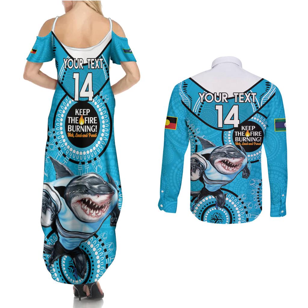 Custom NRL Sharks NAIDOC Week Couples Matching Summer Maxi Dress and Long Sleeve Button Shirt Keep The Fire Burning Indigenous Art