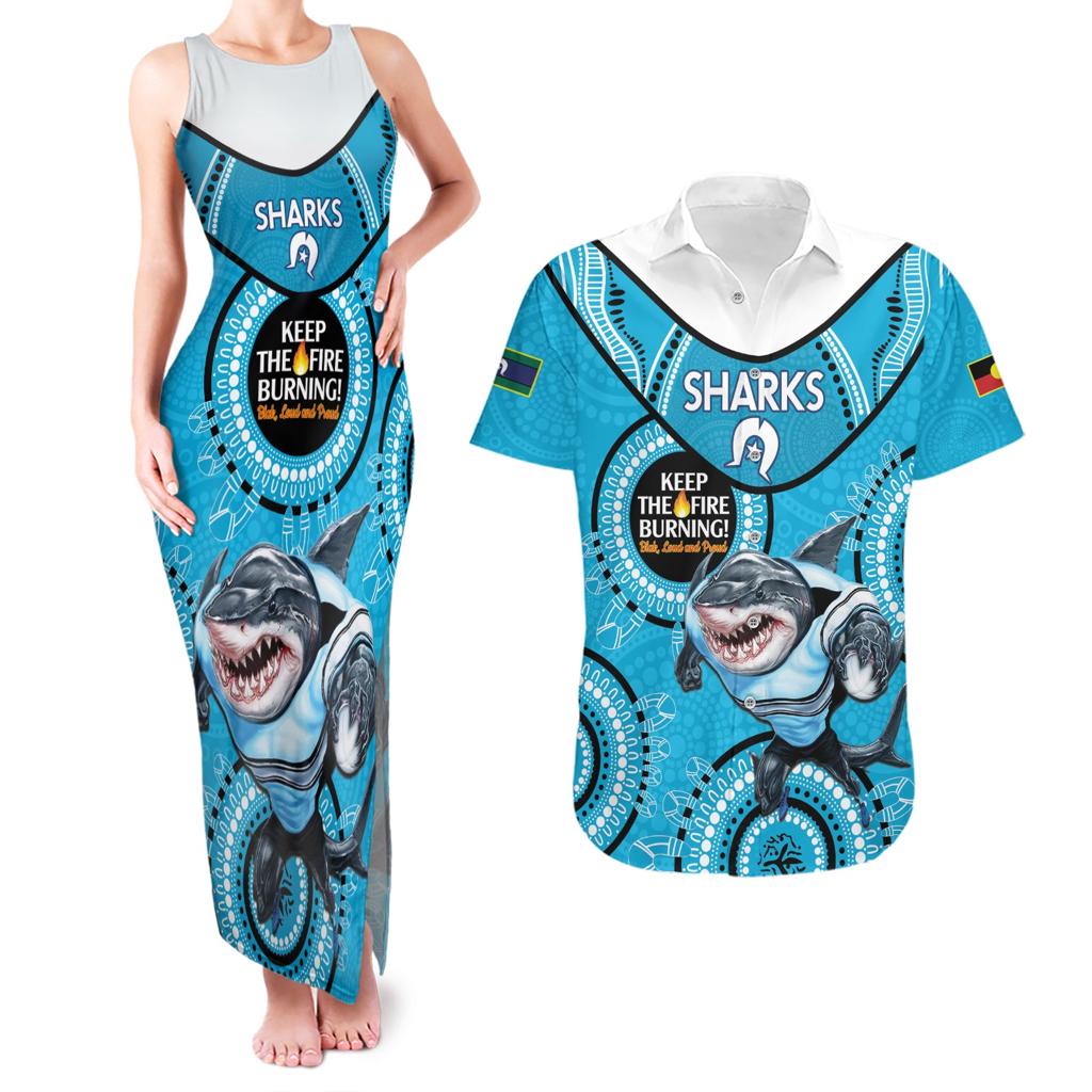 Custom NRL Sharks NAIDOC Week Couples Matching Tank Maxi Dress and Hawaiian Shirt Keep The Fire Burning Indigenous Art