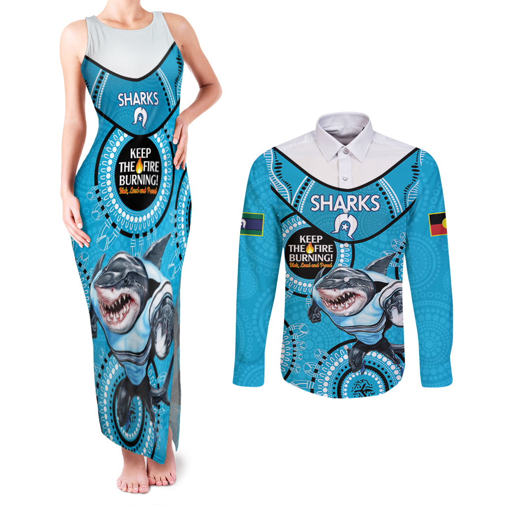 Custom NRL Sharks NAIDOC Week Couples Matching Tank Maxi Dress and Long Sleeve Button Shirt Keep The Fire Burning Indigenous Art