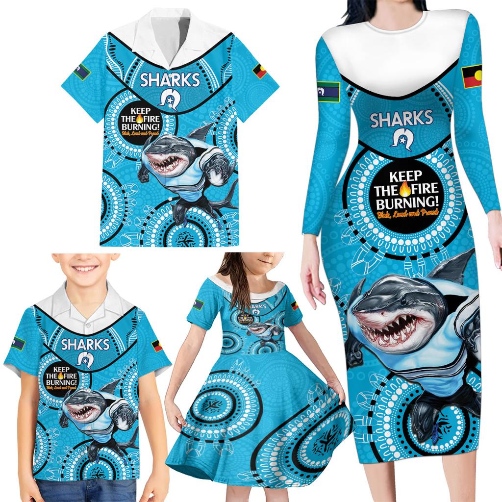 Custom NRL Sharks NAIDOC Week Family Matching Long Sleeve Bodycon Dress and Hawaiian Shirt Keep The Fire Burning Indigenous Art