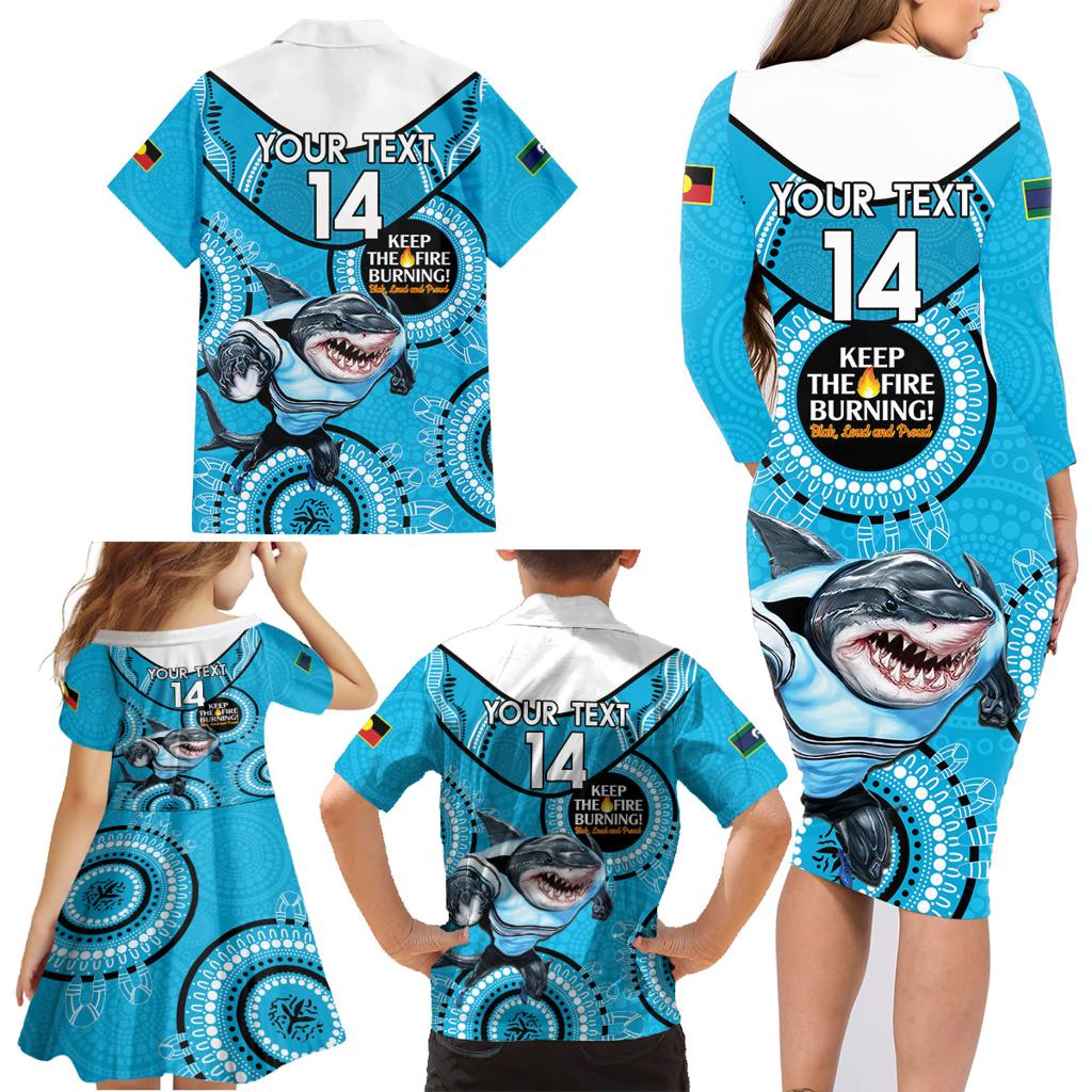 Custom NRL Sharks NAIDOC Week Family Matching Long Sleeve Bodycon Dress and Hawaiian Shirt Keep The Fire Burning Indigenous Art