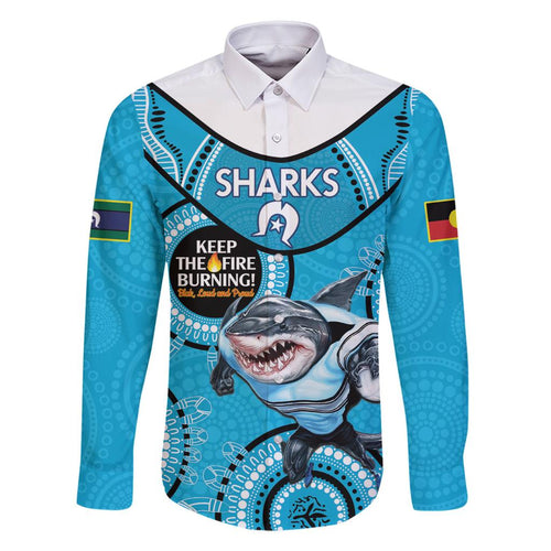 Custom NRL Sharks NAIDOC Week Family Matching Long Sleeve Bodycon Dress and Hawaiian Shirt Keep The Fire Burning Indigenous Art
