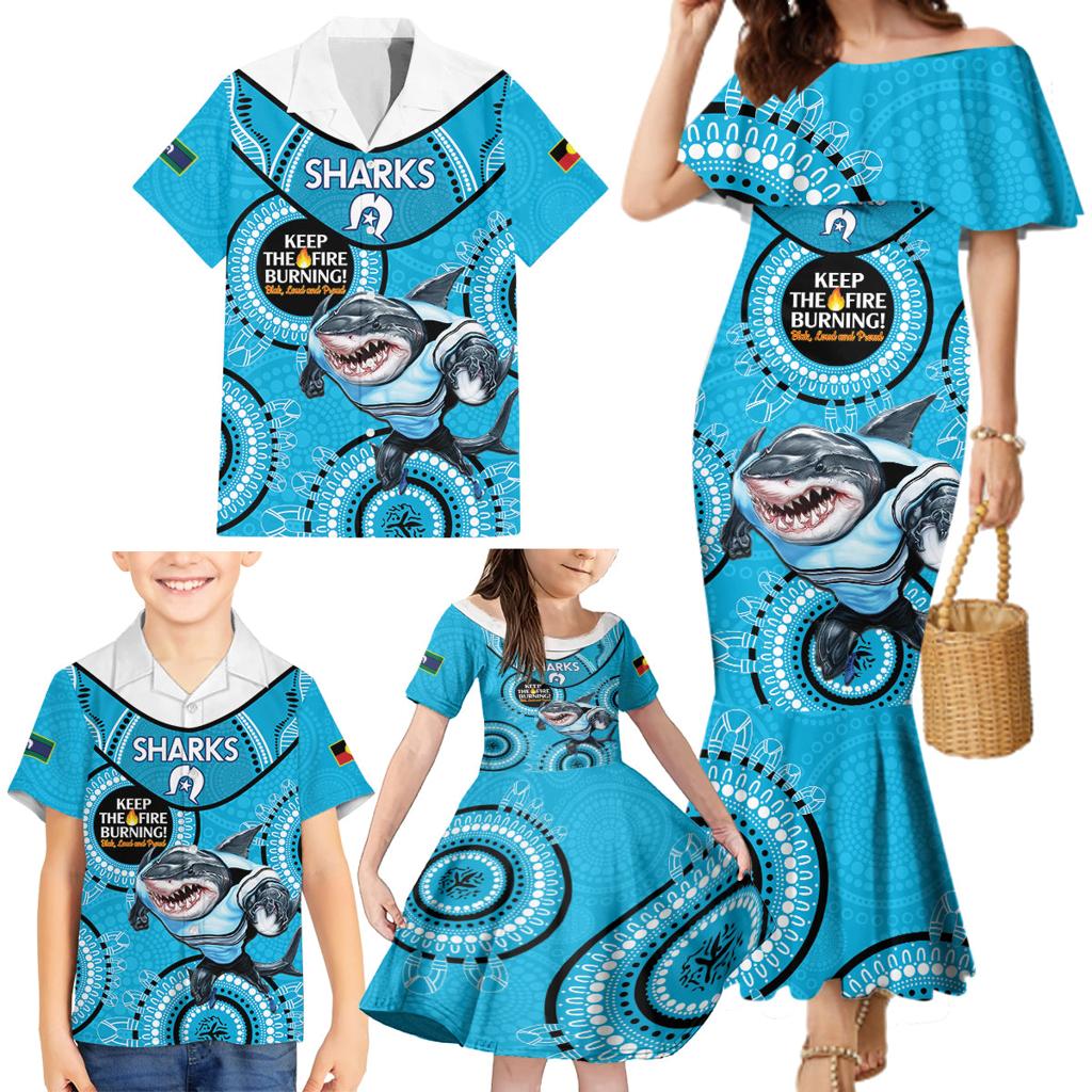 Custom NRL Sharks NAIDOC Week Family Matching Mermaid Dress and Hawaiian Shirt Keep The Fire Burning Indigenous Art