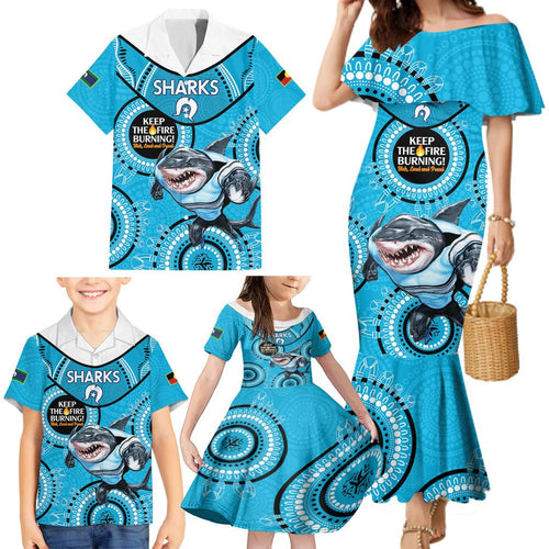 Custom NRL Sharks NAIDOC Week Family Matching Mermaid Dress and Hawaiian Shirt Keep The Fire Burning Indigenous Art